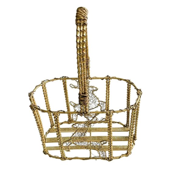 Christmas Basket Wire Reindeer Design Glittering Gold Tone Metal 13" x 9" x 5" - Picture 6 of 7